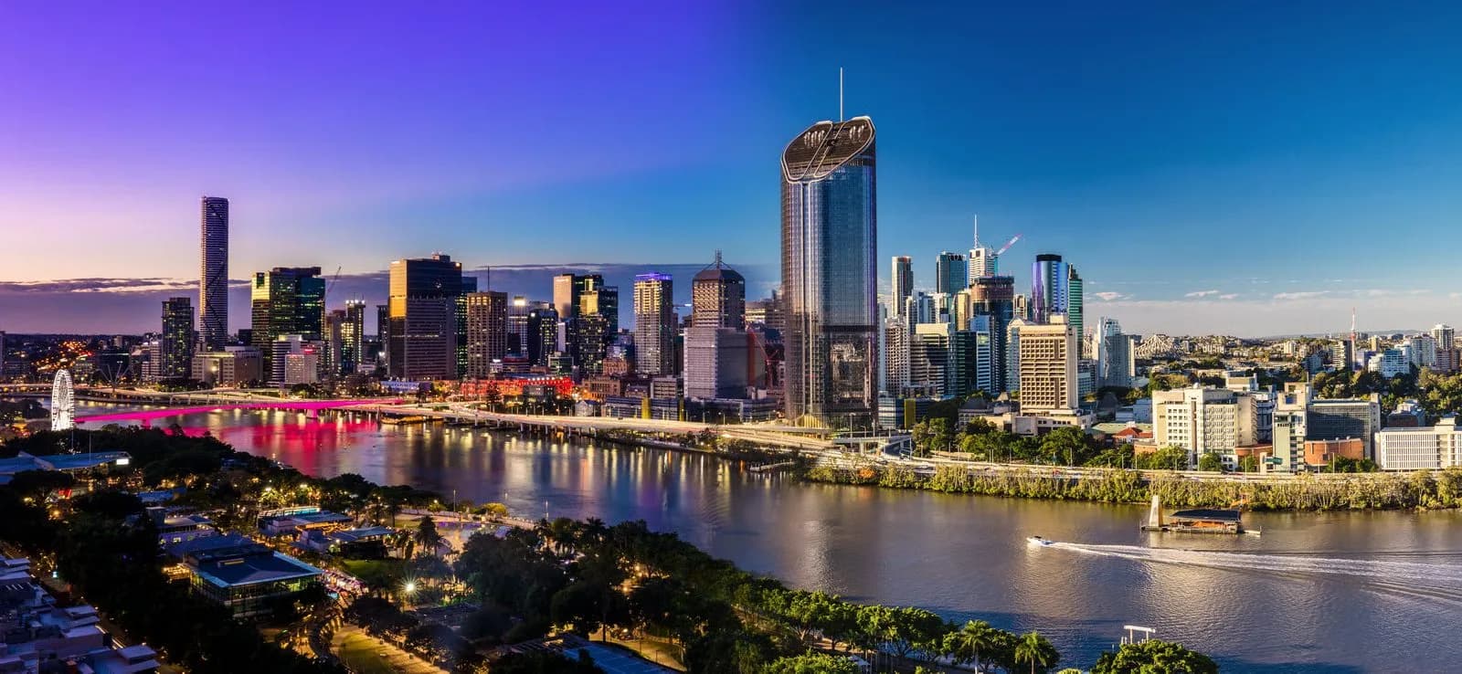 Brisbane city skyline and river at dusk