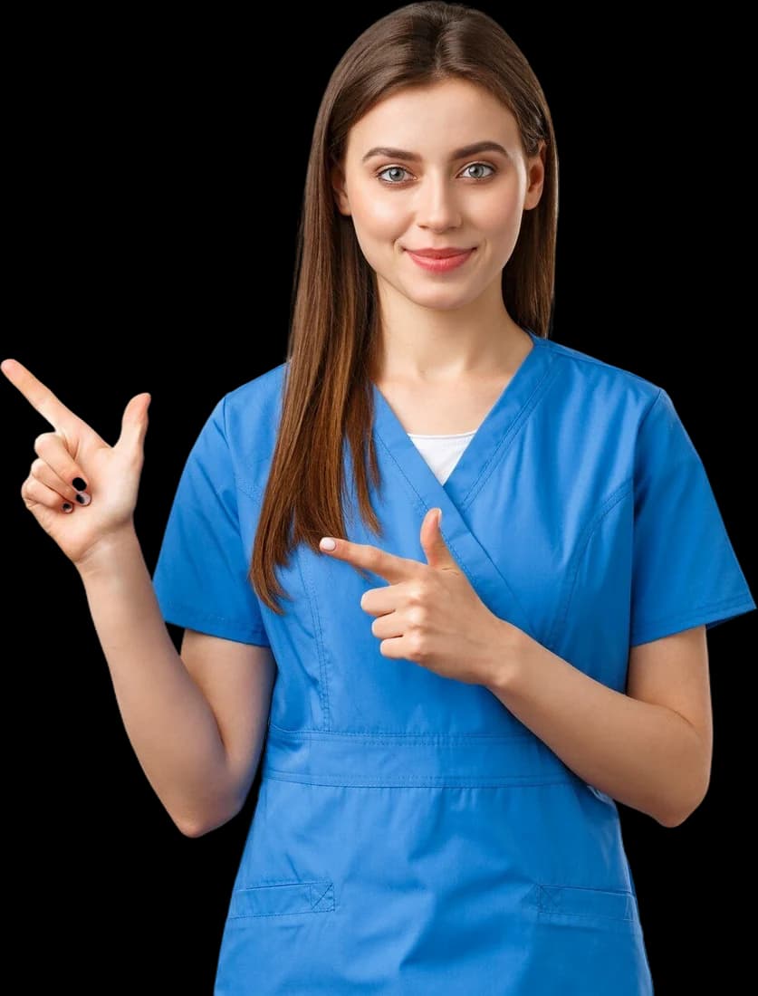 Smiling nurse in blue scrubs